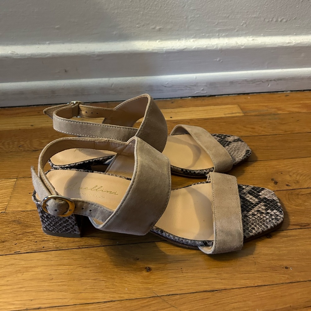 Vero Cuoio Taupe Suede Ankle-Strap Sandals with Snake-Print Accent
